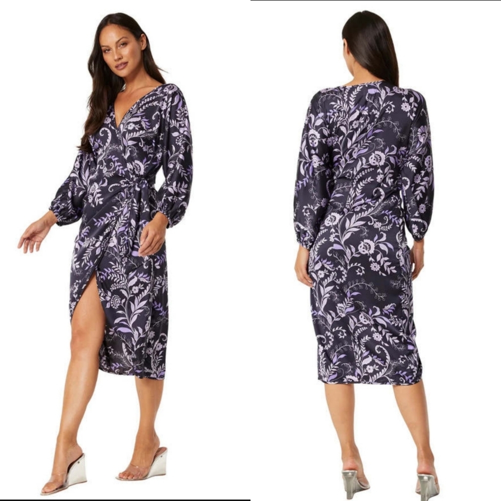 MISA Los Angeles Size M Sylvia Faux Wrap Dress Indigo Vines Navy Blue Purple NWT
